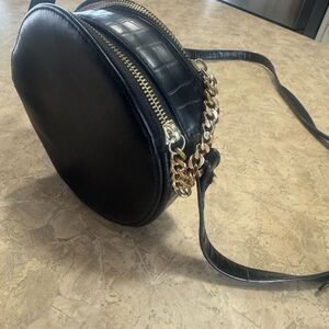 Free People Black Round Crossbody Bag with Gold Chain